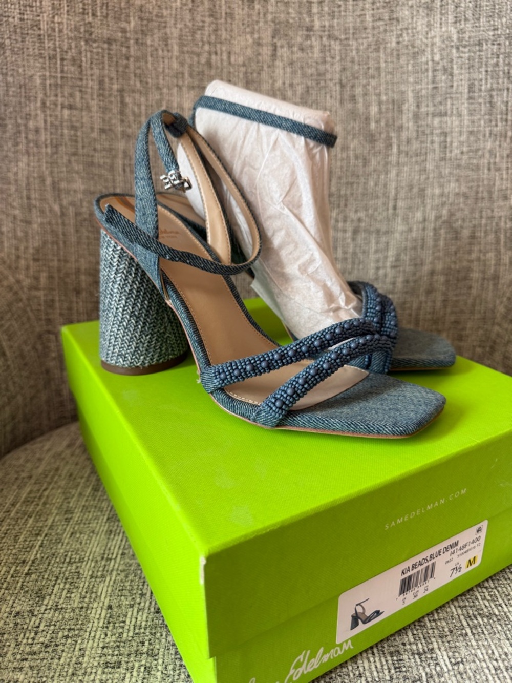 Sam Edelman Denim Blue Beaded Block Heel Sandals